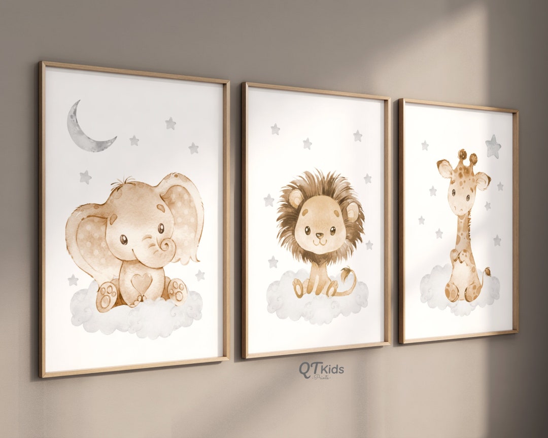 Gender Neutral Animal Nursery Prints, Elephant Lion Giraffe Safari