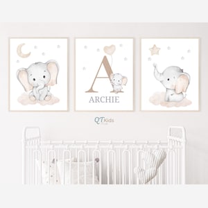 Láminas de elefantes para guardería, láminas personalizadas con nombres de bebé, arte de pared imprimible para habitación de bebé de género neutro, decoración de guardería beige, DESCARGA DIGITAL