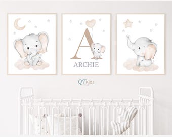 Beige Elephant Nursery Prints, Personalized Baby Name Prints, Gender Neutral Baby Room Printable Wall Art, Nursery Decor, DIGITAL DOWNLOAD