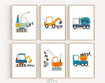 Set of 6 Construction Prints for Boy Nursery | Trucks Printable Wall Art | Kids Room Posters | Toddler Boy Room Prints | DIGITAL DOWNLOAD