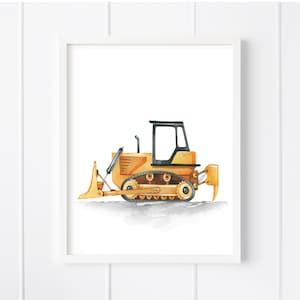 May include: A watercolor illustration of a yellow bulldozer with black tracks and a black cab. The bulldozer is on a light brown dirt background.