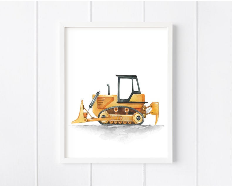 May include: A watercolor illustration of a yellow bulldozer with black tracks and a black cab. The bulldozer is on a light brown dirt background.