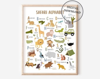 Safari alfabet print, ABC poster, pre-school Montessori leren poster, peuter speelkamer wand decor, jungle kwekerij, digitale DOWNLOAD