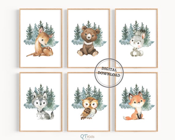 Woodland Animal Prints, Forest Animal Nursery Decor, Kids Room Art Prints, Set of 6, Woodland Prints, Baby Animal Wall Art, DIGITAL DOWNLOAD