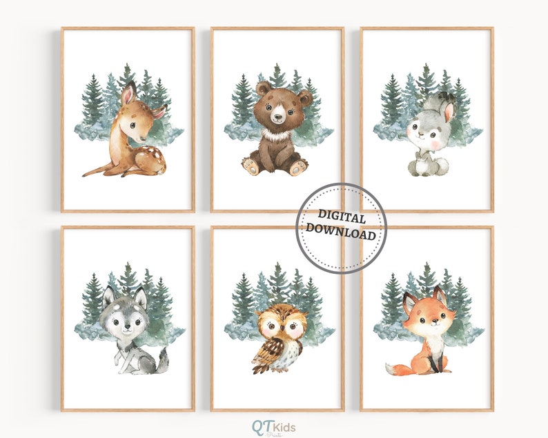 K&ouml;nnte beinhalten: Sechs druckbare Aquarell-Illustrationen von Waldtieren, darunter ein Reh, ein B&auml;r, ein Kaninchen, ein Wolf, eine Eule und ein Fuchs. Jedes Tier ist in einem niedlichen Cartoon-Stil dargestellt und von einem Waldhintergrund umgeben.