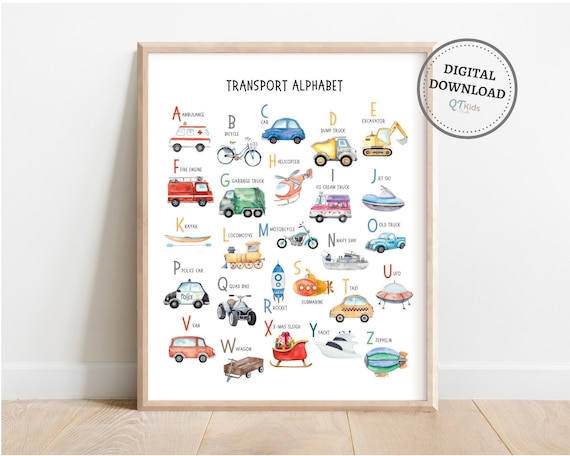 Transport Alphabet Print, Transport Poster, Car Abc Poster, Boy PlayRoom Wall Art, Boy Nursery Decor, Vehicles Kids Print, DIGITAL DOWNLOAD