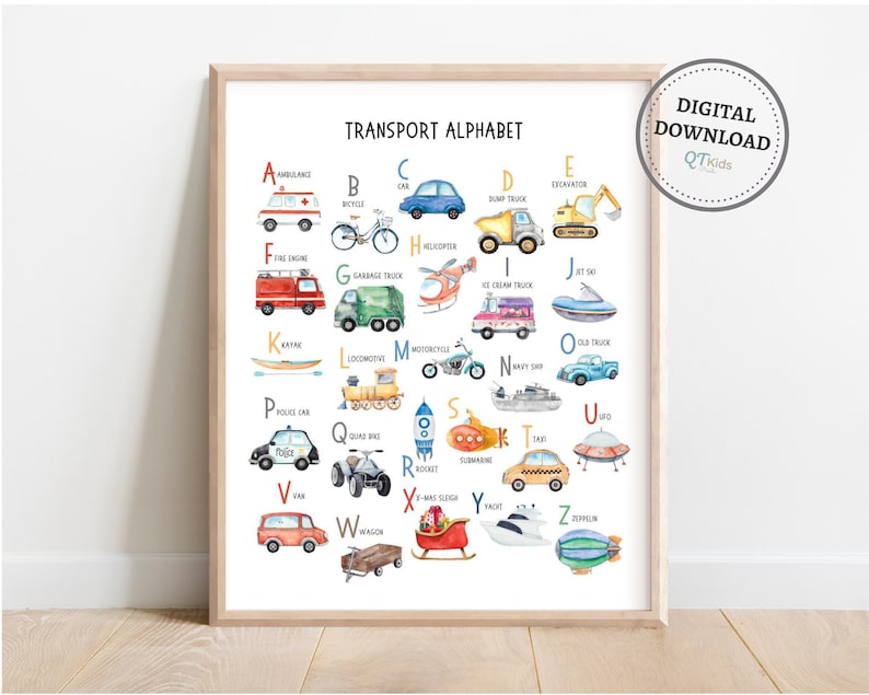 May include: A colorful alphabet chart featuring various modes of transportation, including a fire engine, a helicopter, a dump truck, a submarine, a rocket, a police car, a motorcycle, a kayak, a wagon, and a yacht. The chart is titled "Transport Alphabet".