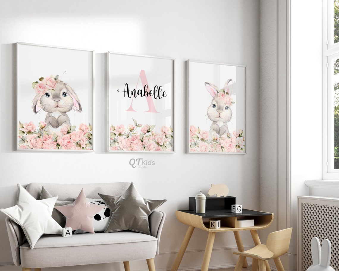 Personalized Bunny Nursery Prints, Girl Room Printable Wall Art ...