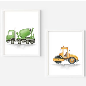 May include: Two watercolor illustrations of construction vehicles. The first image shows a green cement mixer truck. The second image shows a yellow steamroller.