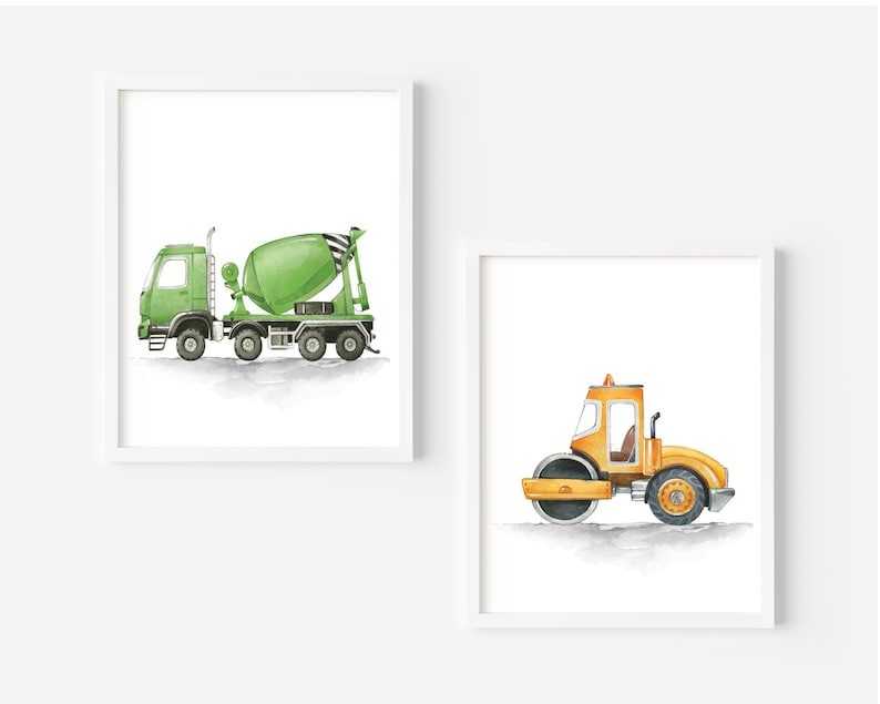 May include: Two watercolor illustrations of construction vehicles. The first image shows a green cement mixer truck. The second image shows a yellow steamroller.