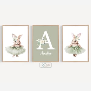 Personalized Ballerina Bunny Nursery Prints, Baby Name Prints, Girl Room Printable Wall Art, Sage Green Nursery Decor, DIGITAL DOWNLOAD