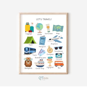 Palabras de viaje Vocabulario Impresión educativa, Decoración de la pared del aula Montessori, Viajes, Carteles de aprendizaje de la escuela en casa para niños pequeños, DESCARGA DIGITAL