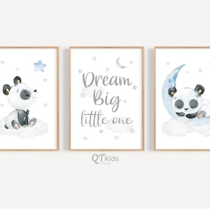 Panda Nursery Prints, Baby Boy Room Wall Art, Dream Big Little One Panda Wall Art, Blue Nursery Decor, Baby Animal Prints, DIGITAL DOWNLOAD