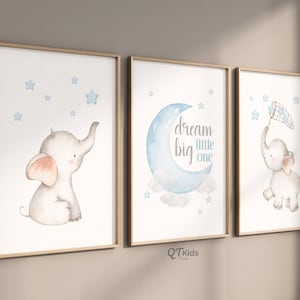 Elephant Nursery Prints, Dream Big Little One, Blue Baby Nursery Decor, Safari Animal Prints, Boy Room Printable Wall Art, DIGITAL DOWNLOAD