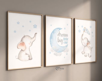 Elephant Nursery Prints, Dream Big Little One, Blue Baby Nursery Decor, Safari Animal Prints, Boy Room Printable Wall Art, DIGITAL DOWNLOAD