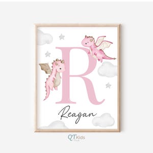 Personalized Pink Dragon Nursery Print, Girl Name Room Wall Art, Fairytale Playroom Decor, Baby Kids Room Dragon Poster,  DIGITAL DOWNLOAD