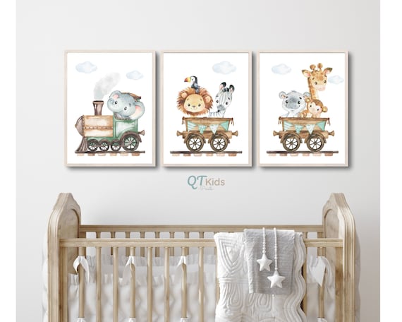 Safari Nursery Prints, Train Wall Art, Lion Elephant Zebra, Safari Animal Posters, Green Playroom Wall Art, DIGITAL DOWNLOAD