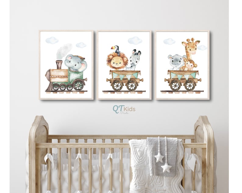 Safari Nursery Prints, Train Wall Art, Lion Elephant Zebra, Safari Animal Posters, Green Playroom Wall Art, DIGITAL DOWNLOAD image 1