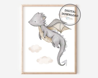 Grey Dragon Nursery Print, Boy Room Printable Wall Art, Playroom Wall Decor, Kids Room Prints, Fairytale Nursery Decor, DIGITAL DOWNLOAD