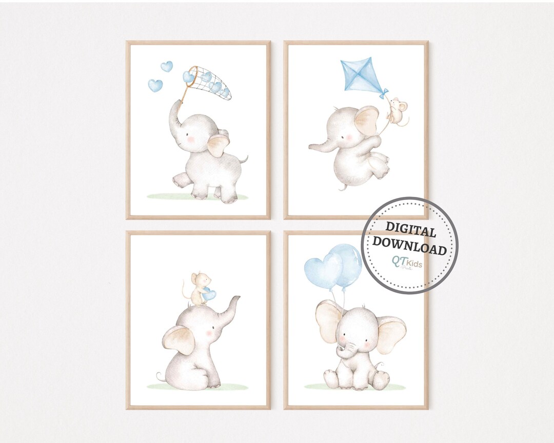 Elephant Nursery Prints, Baby Boy Bedroom Wall Art, Blue Nursery Decor ...
