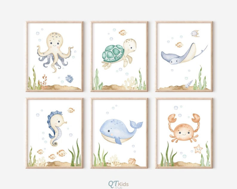 May include: Set of six watercolor illustrations featuring various sea creatures, including an octopus, turtle, stingray, seahorse, whale, and crab. Each illustration is set against a white background with blue bubbles and green seaweed.