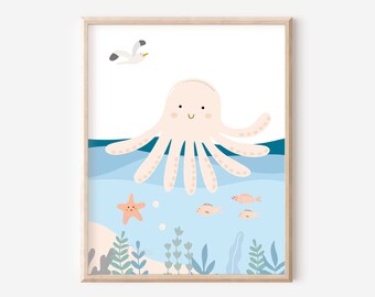 Octopus Print, Under the Sea Nursery Wall Art, Sea Animal Print, Ocean Themed Playroom Nursery, Boy Room Printable, DIGITAL DOWNLOAD