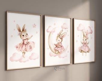 Láminas de conejito rosa para habitación infantil, arte de pared para dormitorio de niña, animales del bosque, cuadros vichy vintage con flores rosa ruborizado. DESCARGA DIGITAL.