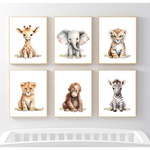 Safaridjurtryck, Väggkonst för barnrum, Elefant, Apa, Giraff, Lejon, Djungellekrumsdekor, Neutrala barnrumstavlor, DIGITAL NEDLADDNING