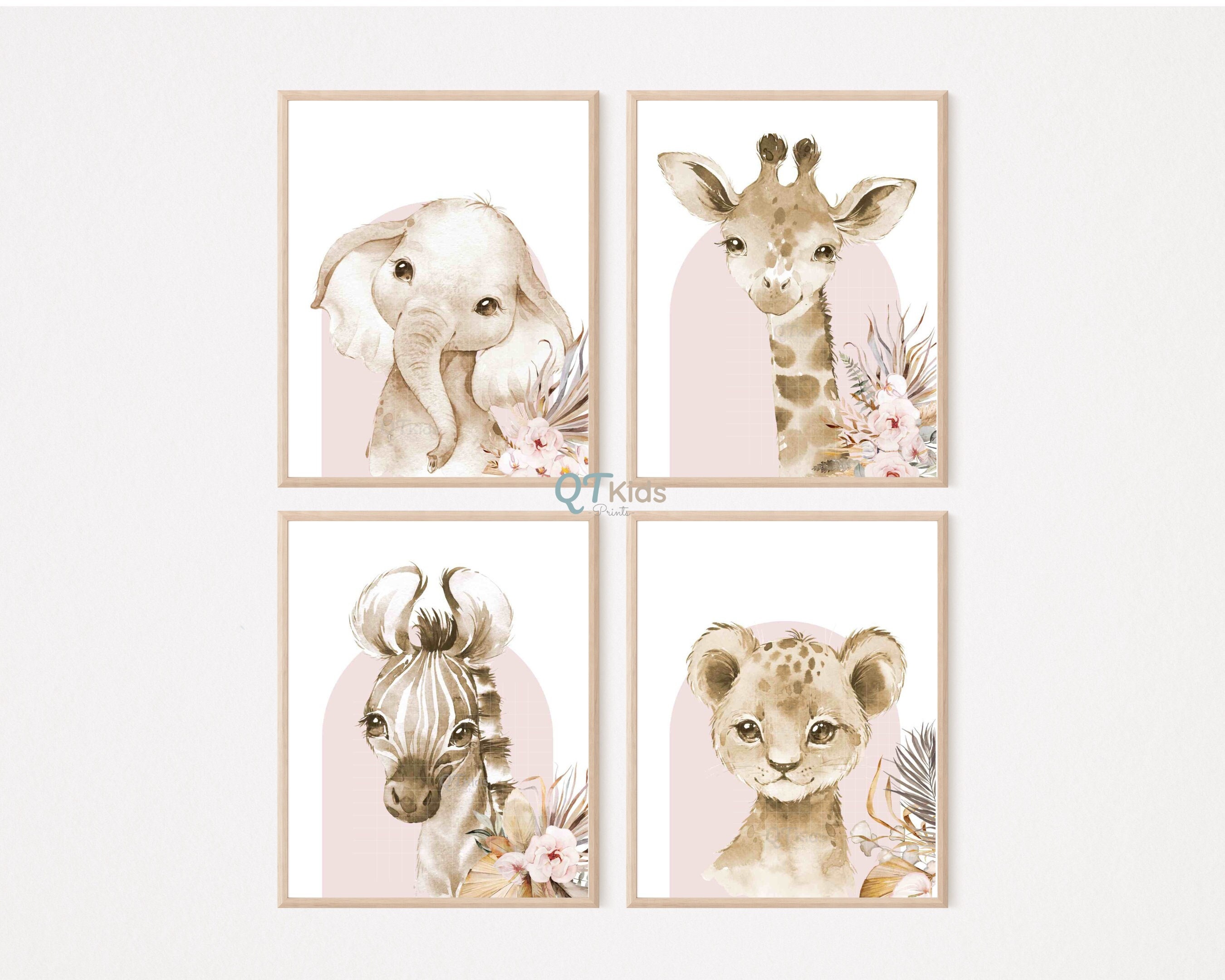 Estampas de animais de safári, estampas para quarto de bebê de menina, decoração floral rosa-claro para quarto de brincar, estampas de elefante, leão, girafa e zebra, download digital