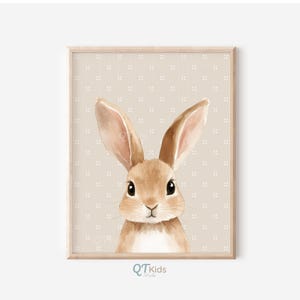 Puede incluir: Una impresi&oacute;n en acuarela enmarcada de un conejo marr&oacute;n con orejas largas, sobre un fondo beige con un patr&oacute;n sutil. El conejo tiene ojos grandes y oscuros y est&aacute; centrado en el marco. El texto "QTKids" est&aacute; en la parte inferior.