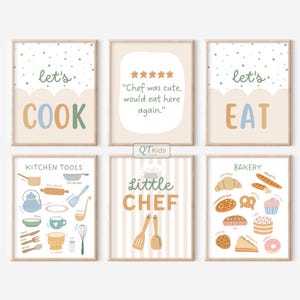 May include: Six framed prints with a kitchen theme. The prints include the words "let's COOK" and "let's EAT", a quote, "Chef was cute, would eat here again," and illustrations of kitchen tools and bakery items.