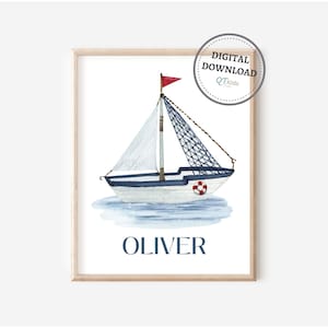 Personalized Nautical Nursery Print, Custom Baby Kids Name Print, Sailboat Printable Wall Art, Boy Nursery Decor, DIGITAL DOWNLOAD
