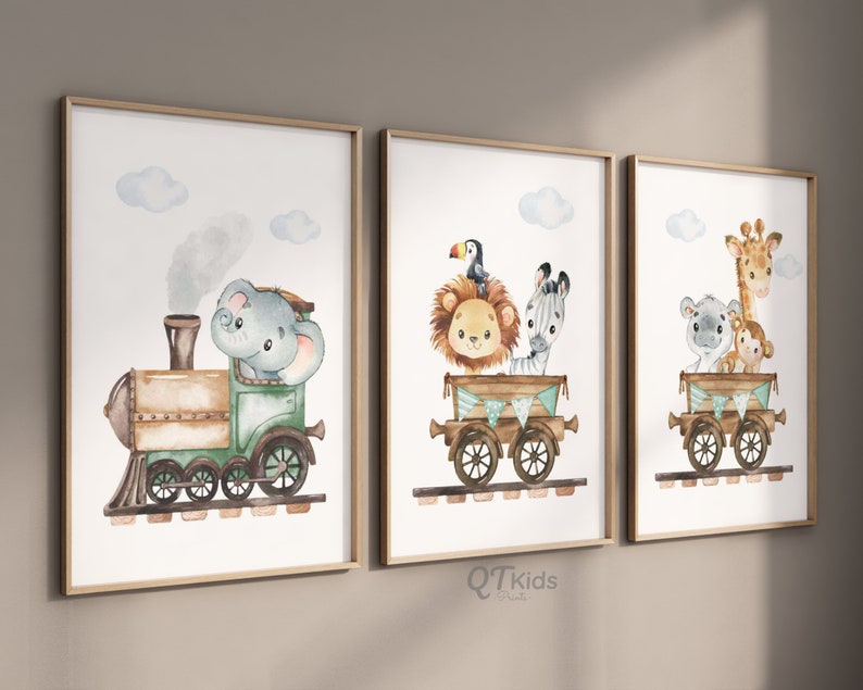 Safari Nursery Prints, Train Wall Art, Lion Elephant Zebra, Safari Animal Posters, Green Playroom Wall Art, DIGITAL DOWNLOAD image 7