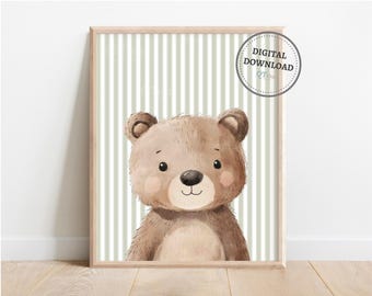 Woodland Nursery Print, Forest Animal Print, Brown Bear Poster, Gender Neutral Nursery Wall Art, Sage Green Nursery Decor, DIGITAL DOWNLOAD