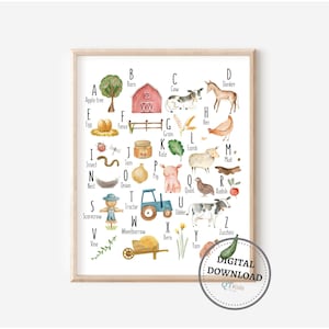 Láminas con el alfabeto de la granja, pósteres del alfabeto, carteles de aprendizaje preescolar, decoración de pared para sala de juegos de granja, animales de corral, láminas para guardería, DESCARGA DIGITAL