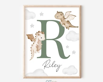 Stampa personalizzata con drago per la cameretta, decorazione murale personalizzata con nome per bambino, decorazione per la stanza dei giochi con drago, poster con drago verde per la cameretta dei bambini, DOWNLOAD DIGITALE