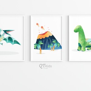 May include: Three watercolor illustrations of dinosaurs. The first illustration shows a blue and green pterodactyl flying. The second illustration shows a volcano erupting with palm trees in the foreground. The third illustration shows a green dinosaur with a long neck.