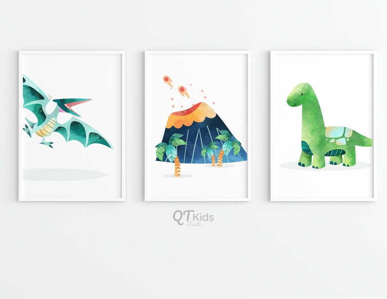 May include: Three watercolor illustrations of dinosaurs. The first illustration shows a blue and green pterodactyl flying. The second illustration shows a volcano erupting with palm trees in the foreground. The third illustration shows a green dinosaur with a long neck.