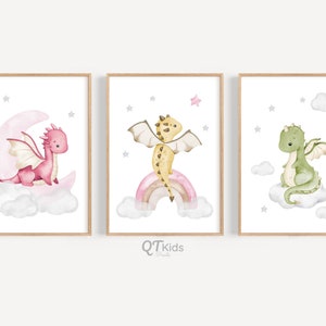 Girl Dragon Nursery Prints, Girl Nursery Prints, Playroom, Printable Wall Art, Set of 3 Watercolour Baby Dragon Prints, DESCARGA DIGITAL