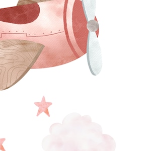 May include: A pink and red airplane with a wooden propeller flying through the air with a white cloud and pink stars behind it.