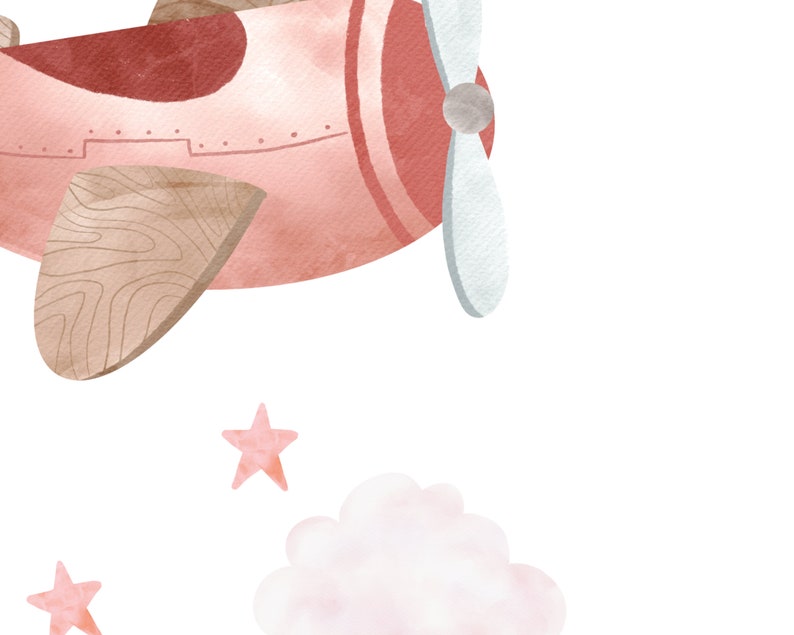 May include: A pink and red airplane with a wooden propeller flying through the air with a white cloud and pink stars behind it.