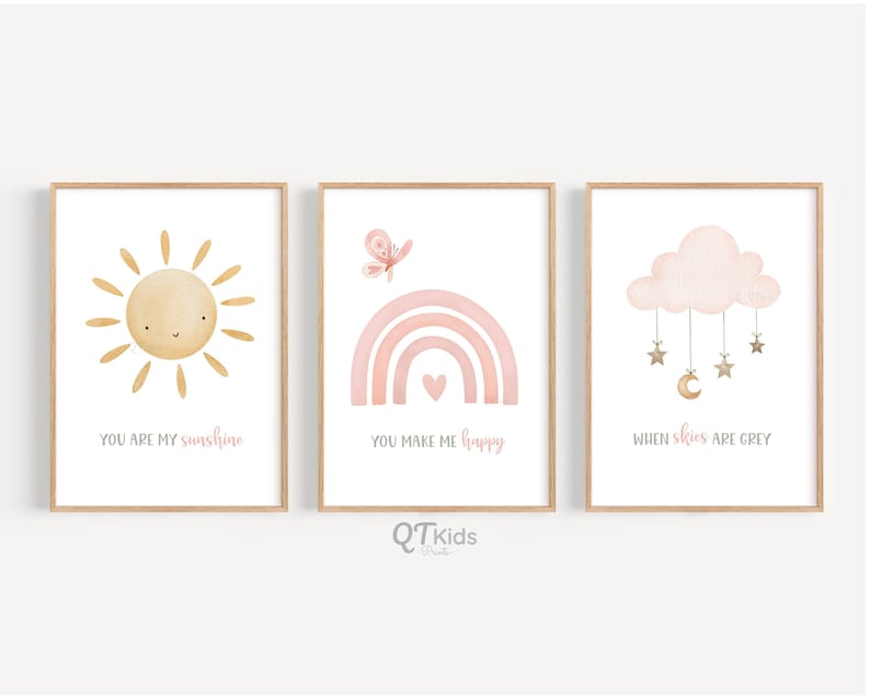 Girl Nursery Print Set, Sun Cloud Rainbow, You Are My Sunshine, Pink ...