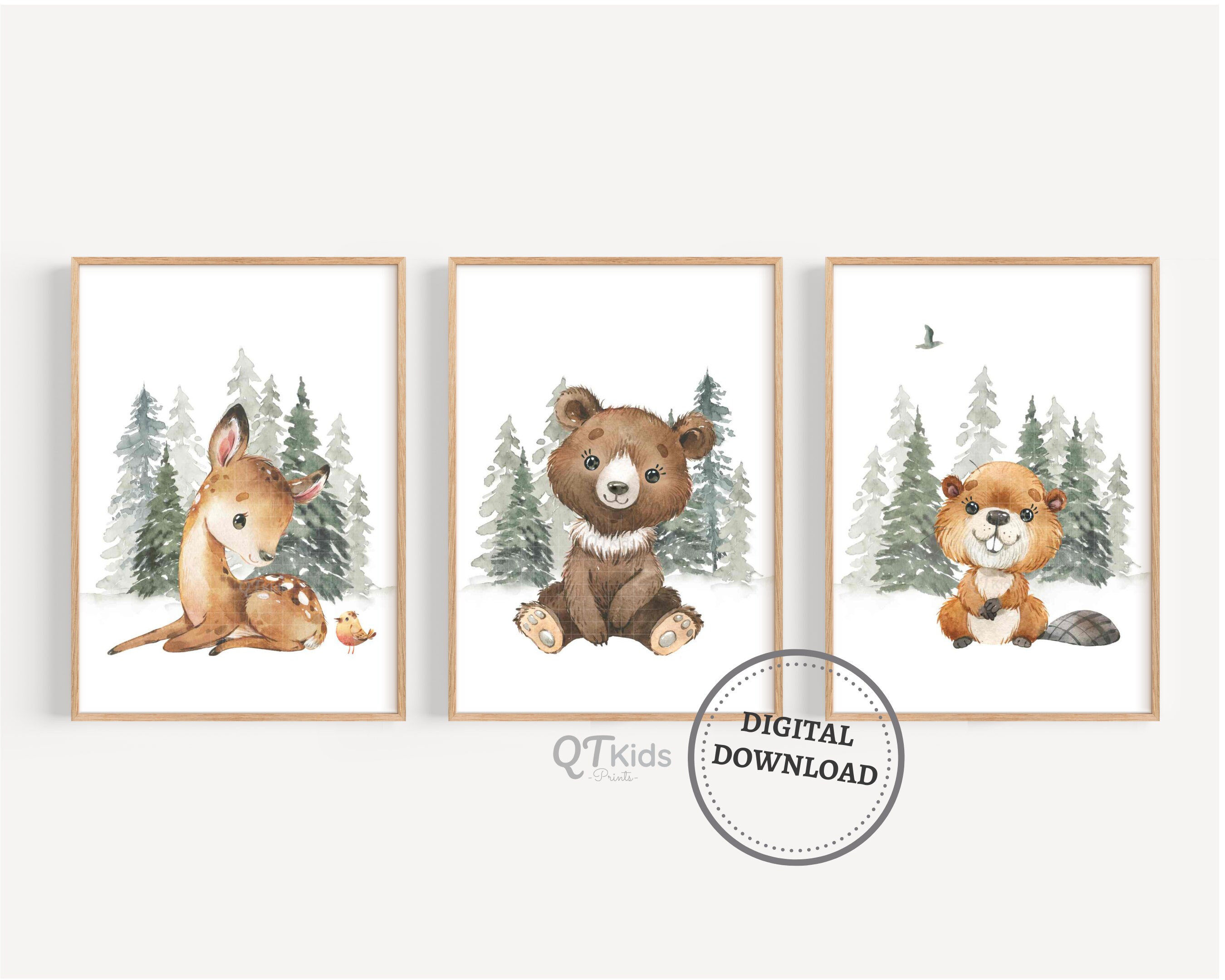 Woodland Forest Animal Nursery Wall Art Set - 3 Canvas Posters, 16x24 Inches, For Baby Room Or Playroom