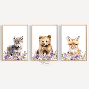 Wald Kinderzimmer Poster, Lavendel Blumen Baby Zimmer Wandkunst, Bär Fuchs Wolf, Lila Wildblumen Baby Mädchen Schlafzimmer Poster, DIGITAL DOWNLOAD
