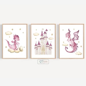 Dragon Nursery Prints, Girl Pink Nursery Prints, Girl Room Printable Wall Art, Watercolour Baby Dragons Prints, Set of 3, DIGITAL DOWNLOAD
