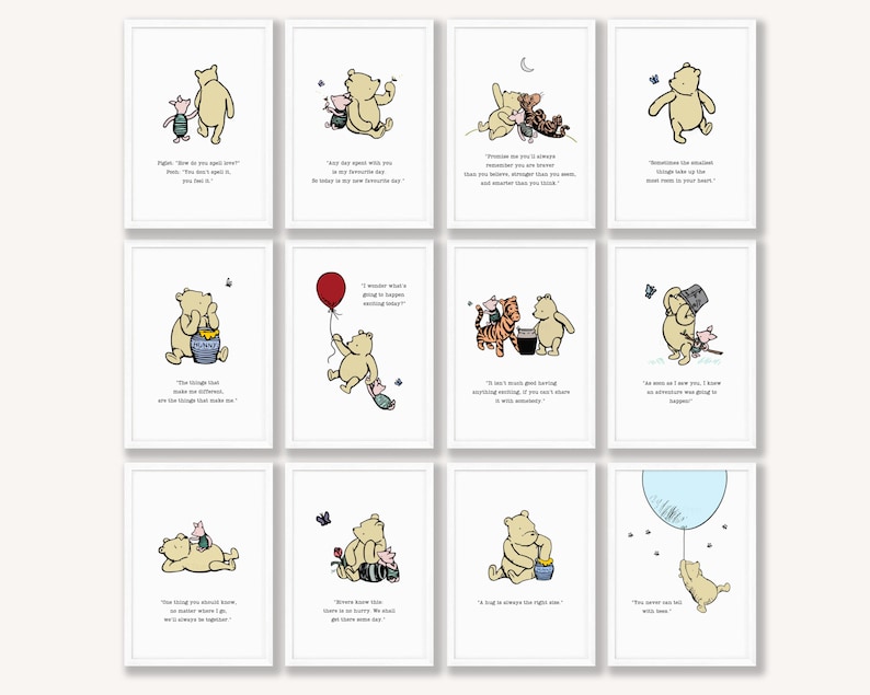 Puede incluir: Un conjunto de 12 impresiones de arte de pared imprimibles de Winnie the Pooh con ilustraciones de Winnie the Pooh y Piglet con varias citas. Las impresiones est&aacute;n en un marco blanco con un fondo blanco.
