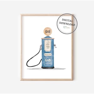 Blue Race Car Retro Gas Pump Nursery Print, Boy Playroom Printable Wall Art, Watercolour Vintage Blue Racing Car Prints, DIGITAL DOWNLOAD