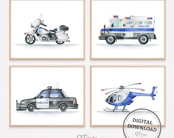 Police Car Prints, Police Nursery Wall Art, Boy Room Decor, Set of 4 Playroom Watercolour Transportation Vehicles Posters, DIGITAL DOWNLOAD