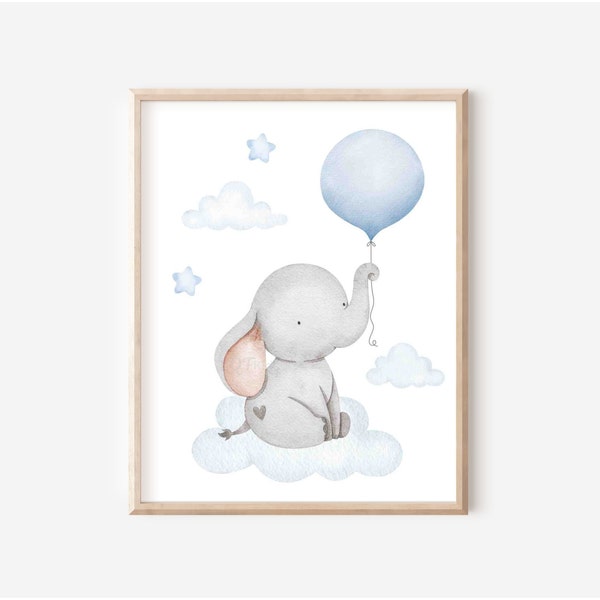 Elephant Print, Boy Room Nursery Print, Watercolour Elephant with Balloon, Blue Boy Room Decor, Baby Boy Playroom Poster, DIGITAL DOWNLOAD