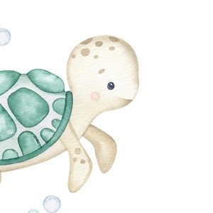 May include: A watercolor illustration of a green sea turtle with a brown shell swimming with bubbles. The turtle has a cute face with blue eyes and a pink nose.